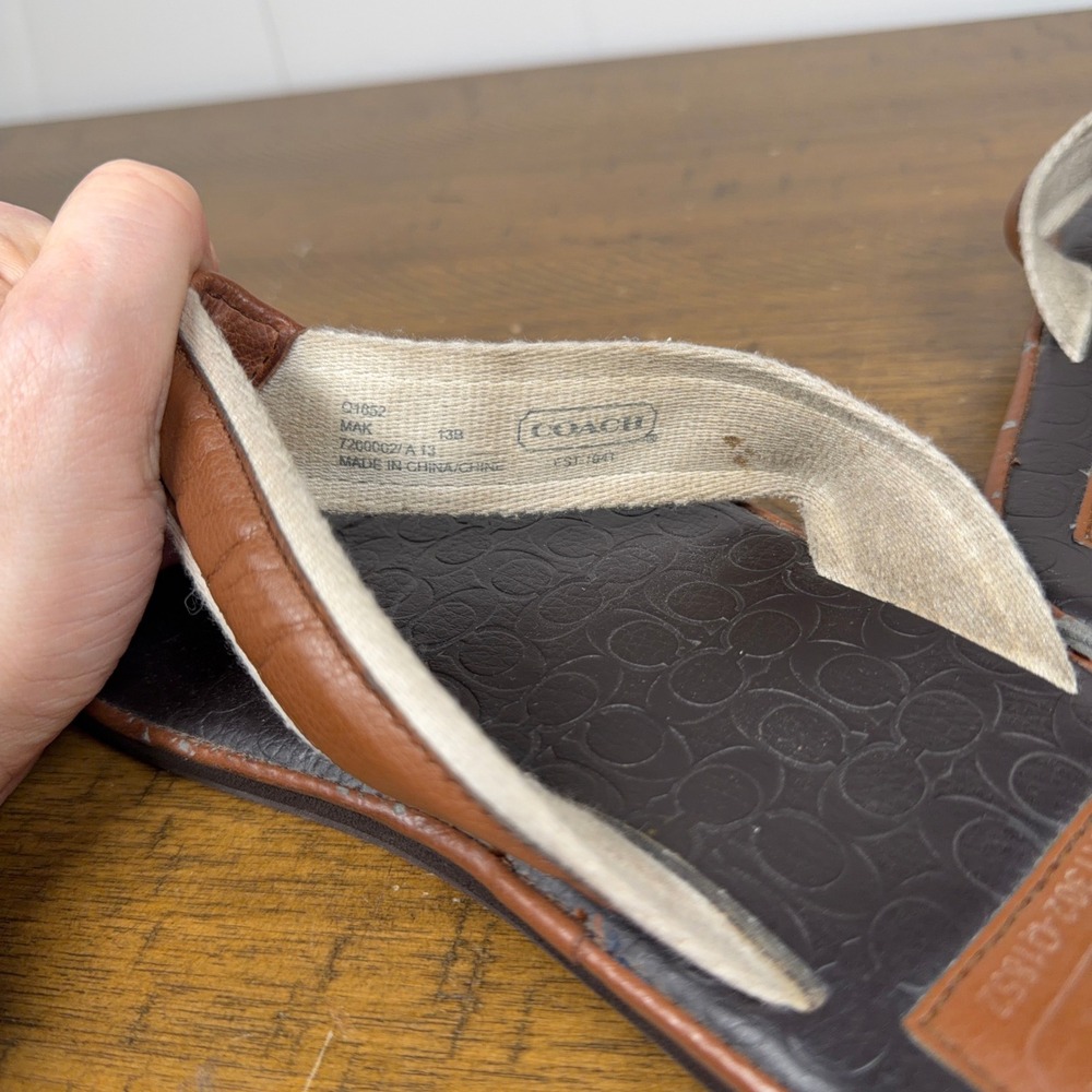 Coach Flip Flops Mens 13 Brown Leather‎ Canvas Signature Monogram Sandals - Picture 8 of 8